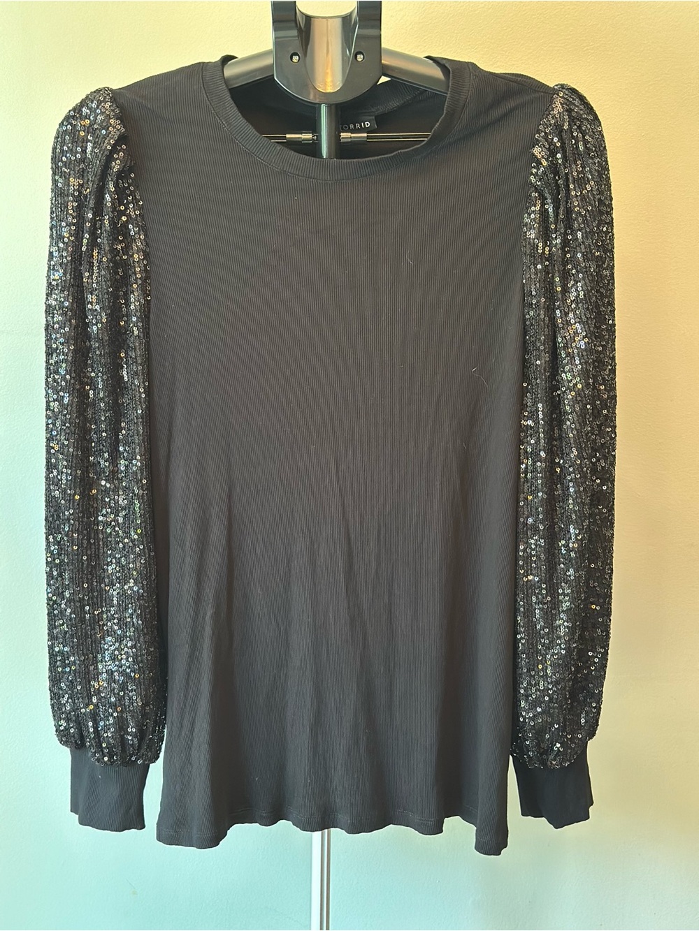 Torrid Black Sequin Long Puff Sleeve Ribbed Knit Crew Neck Top Shirt Plus 0X